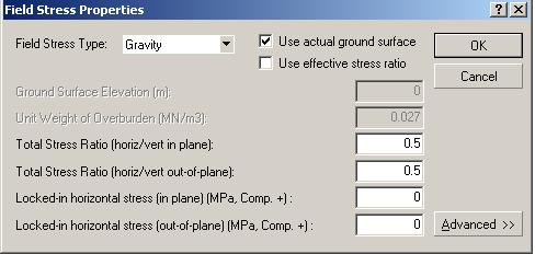 7.5.10 Τασικό πεδίο (Field stress) Στο πρόγραµµα Phase2 το τασικό πεδίο µπορεί να καθοριστεί µέσω των κυρίων τάσεων ή µέσω της βαρύτητας.
