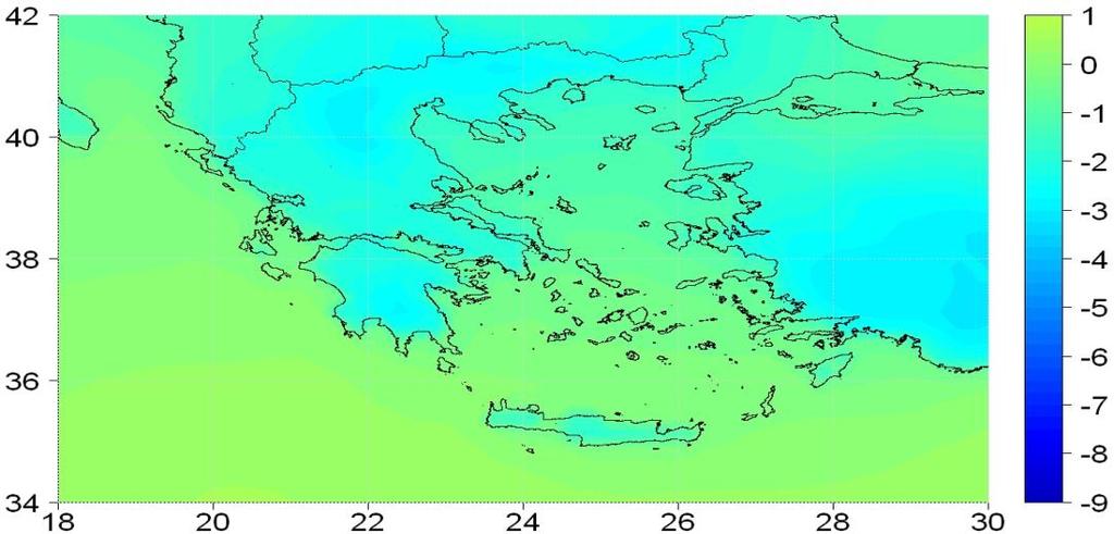 υγρασίας κατά 2% στην ηπειρωτική Ελλάδα 2071-2100: Ποσοστιαία ελάττωση της μέσης ετήσιας τιμής της σχετικής υγρασίας στα ηπειρωτικά κατά 2.