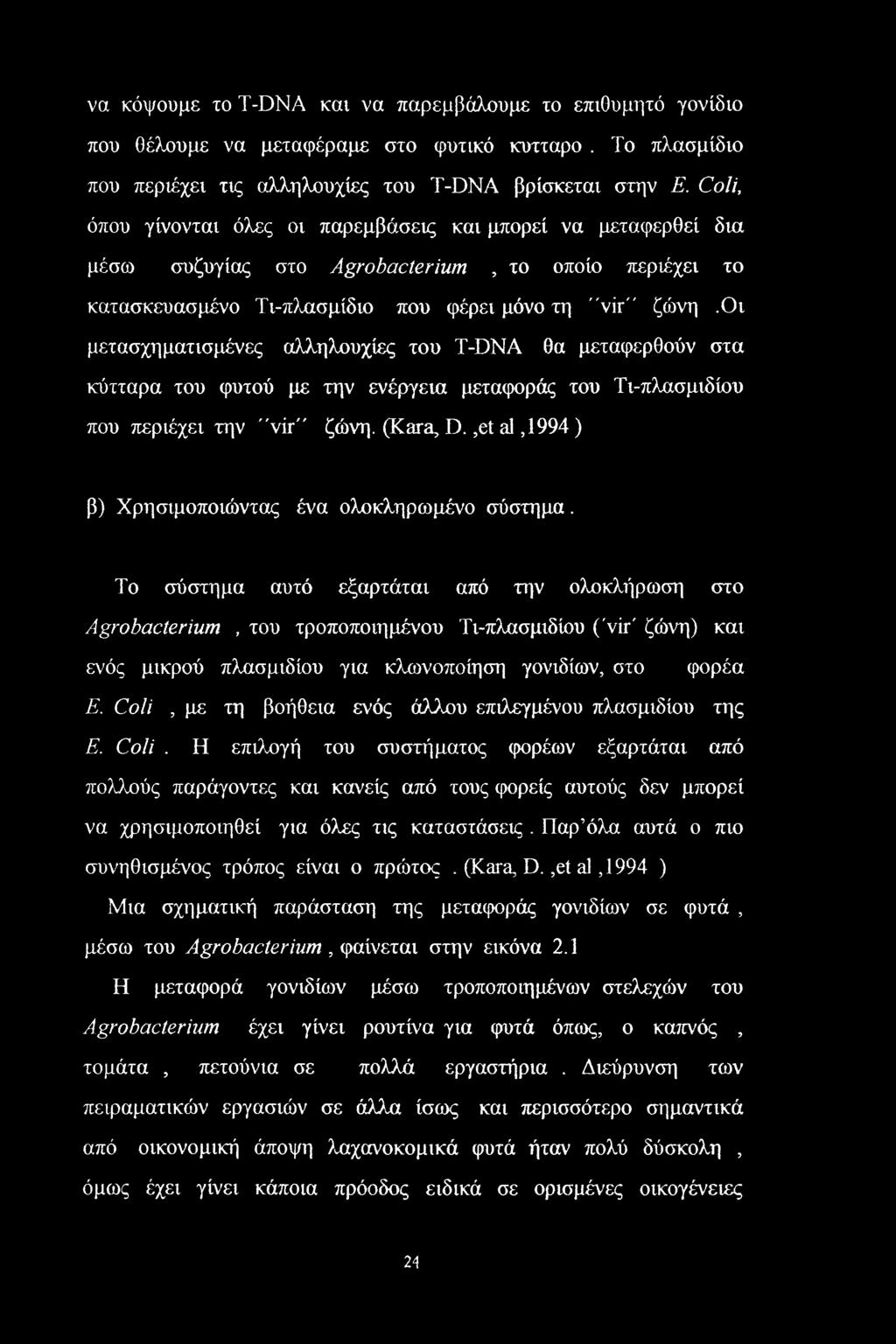 οι μετασχηματισμένες αλληλουχίες του T-DNA θα μεταφερθούν στα κύτταρα του φυτού με την ενέργεια μεταφοράς του Τι-πλασμιδίου που περιέχει την "vir" ζώνη. (Kara, D.