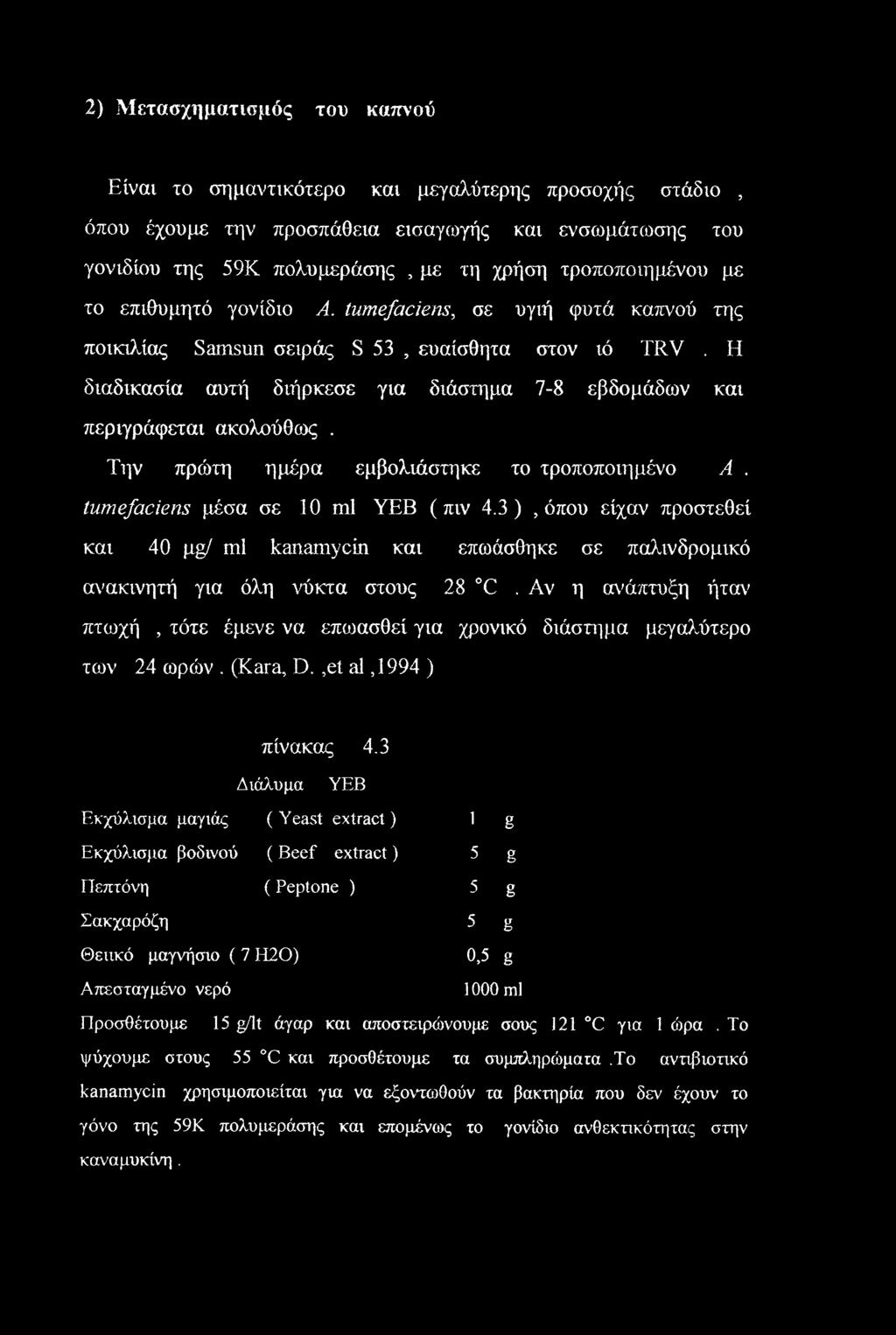 Την πρώτη ημέρα εμβολιάστηκε το τροποποιημένο A. tumefaciens μέσα σε 10 ml ΥΕΒ ( πιν 4.