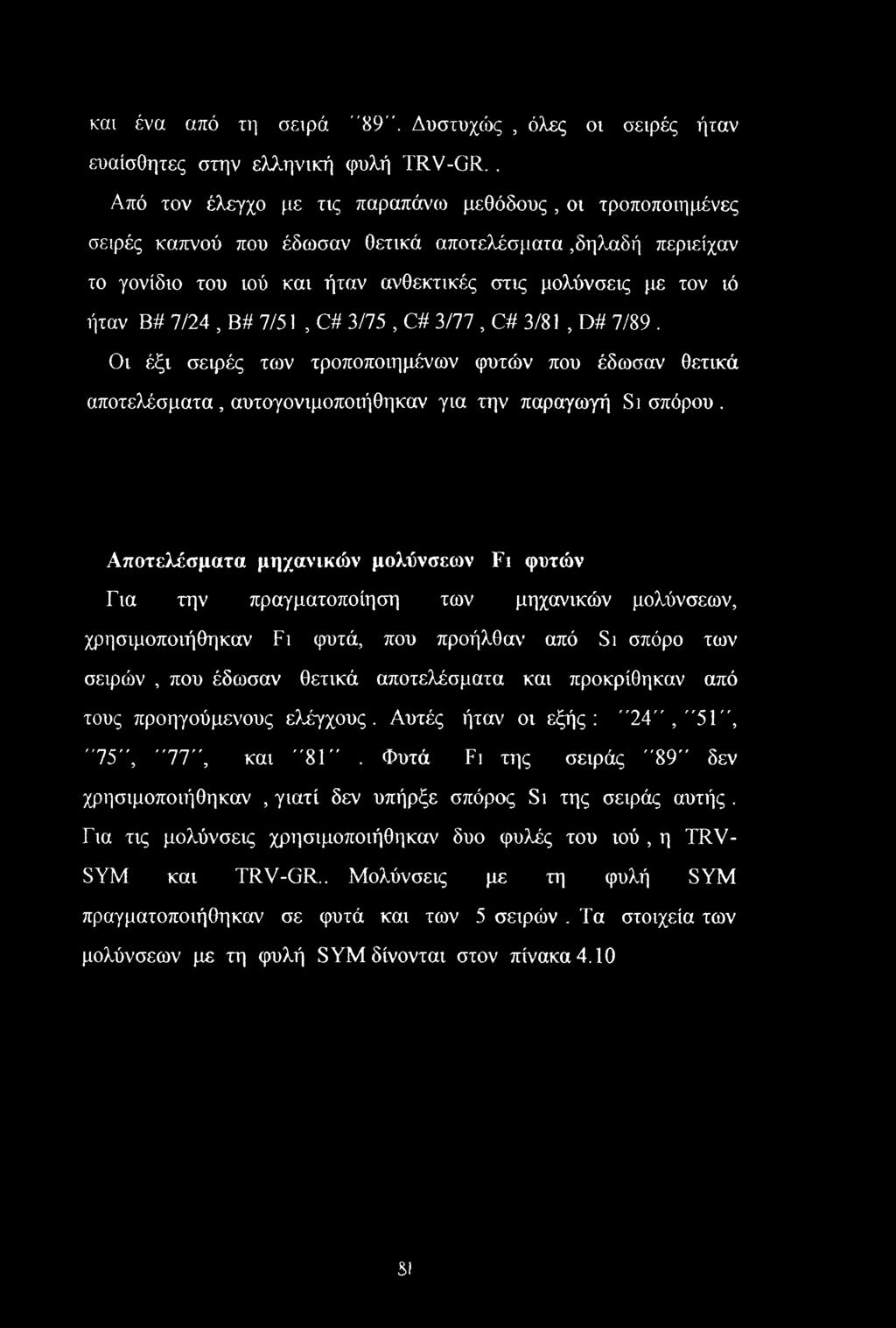 7/24, B# 7/51, C# 3/75, C# 3/77, C# 3/81, D# 7/89. Οι έξι σειρές των τροποποιημένων φυτών που έδωσαν θετικά αποτελέσματα, αυτογονιμοποιήθηκαν για την παραγωγή Si σπόρου.