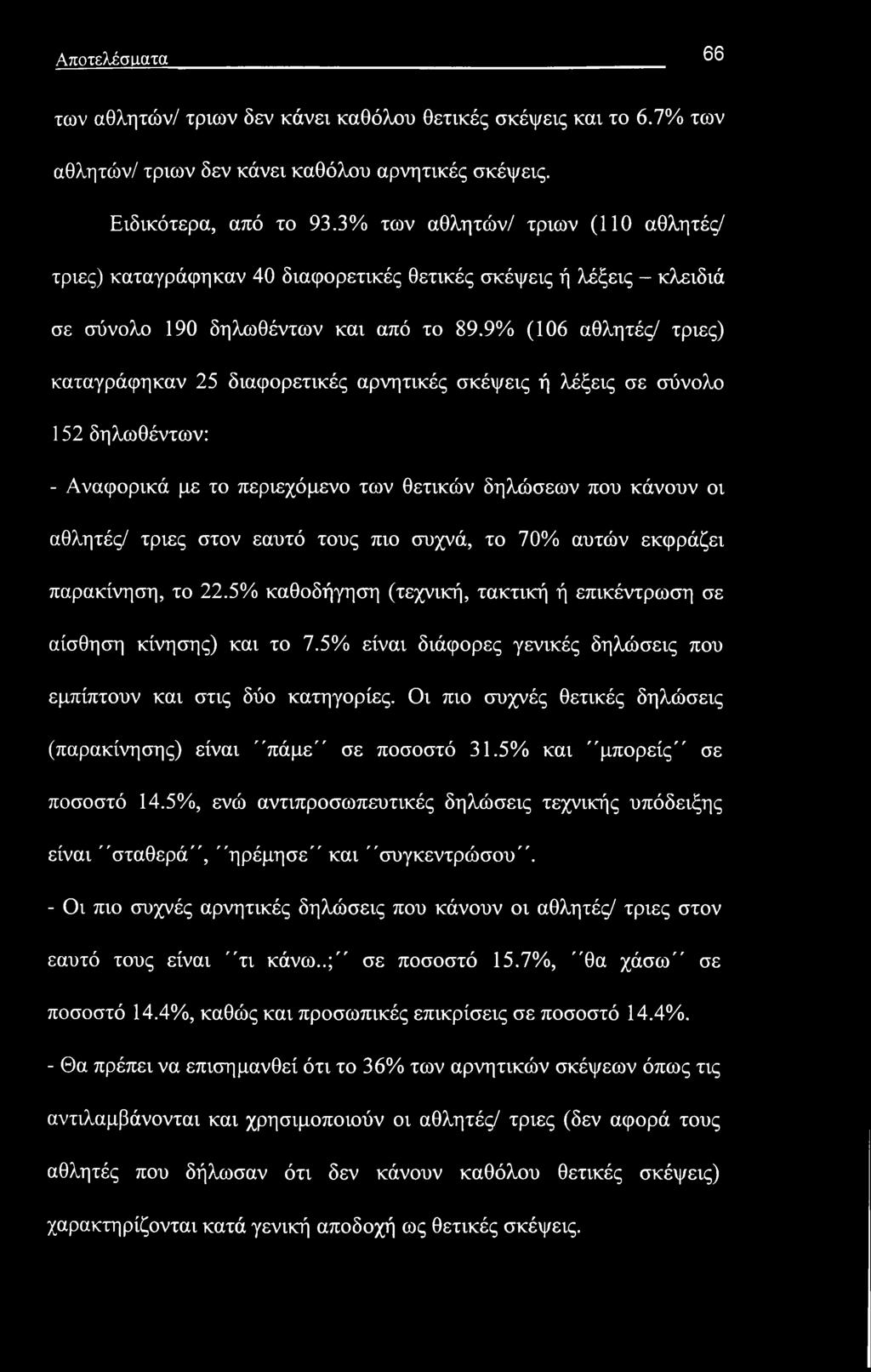 Αποτελέσματα 66 των αθλητών/ τριών δεν κάνει καθόλου θετικές σκέψεις και το 6.7% των αθλητών/ τριών δεν κάνει καθόλου αρνητικές σκέψεις. Ειδικότερα, από το 93.