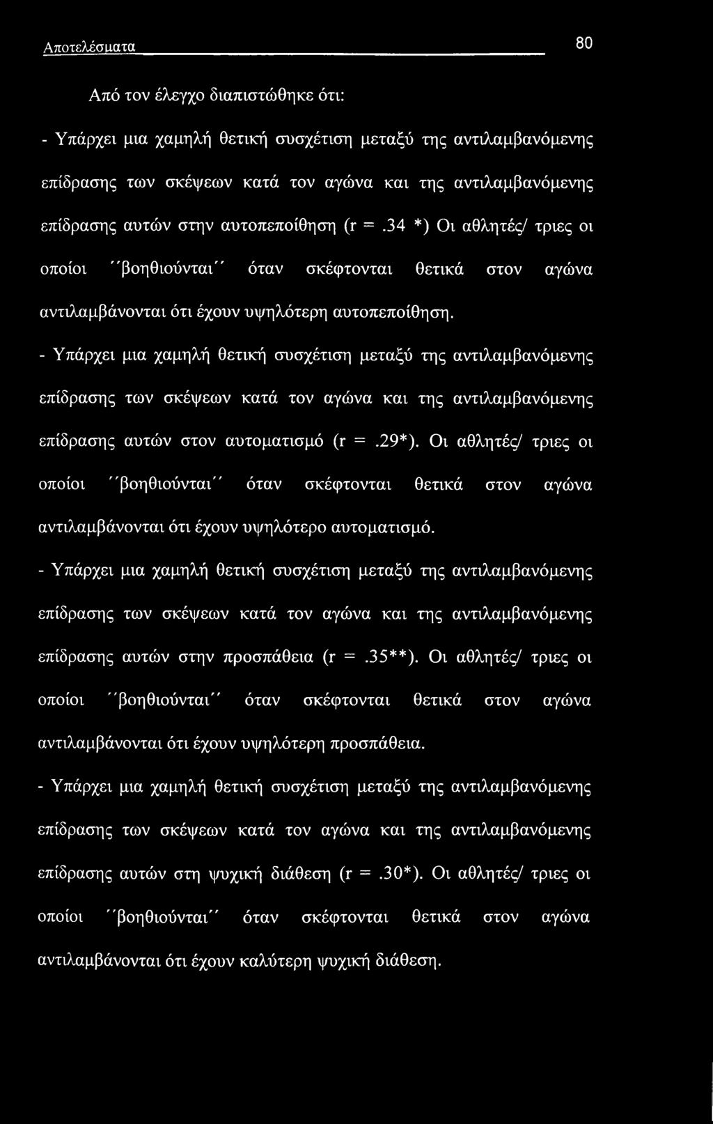 Αποτελέσματα 80 Από τον έλεγχο διαπιστώθηκε ότι: - Υπάρχει μια χαμηλή θετική συσχέτιση μεταξύ της αντιλαμβανόμενης επίδρασης των σκέψεων κατά τον αγώνα και της αντιλαμβανόμενης επίδρασης αυτών στην