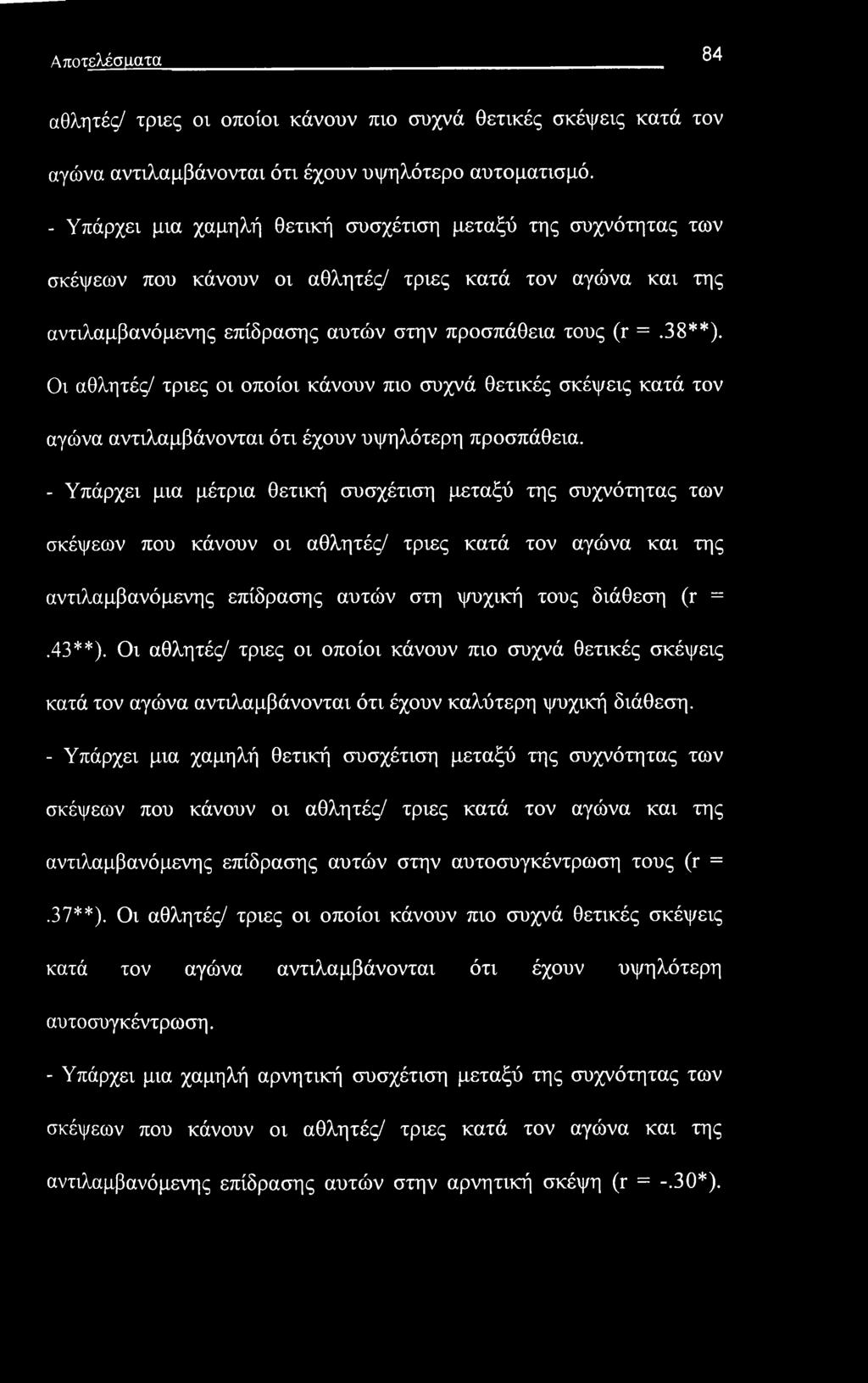 Αποτελέσματα 84 αθλητές/ τριες οι οποίοι κάνουν πιο συχνά θετικές σκέψεις κατά τον αγώνα αντιλαμβάνονται ότι έχουν υψηλότερο αυτοματισμό.