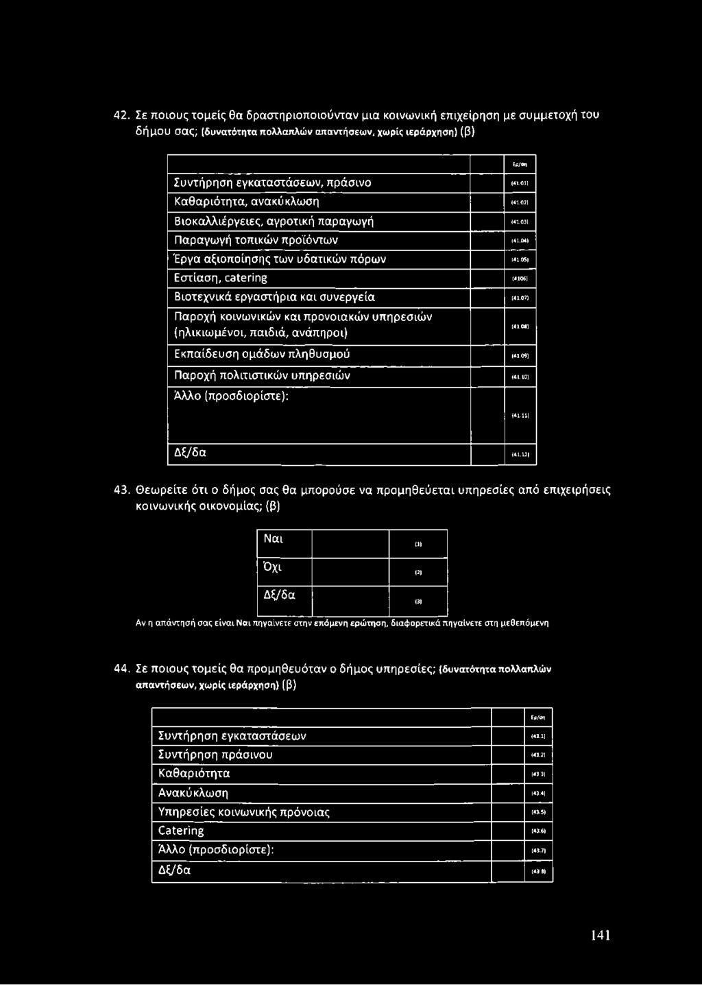 Θ εω ρ είτε ό τ ι ο δήμος σας θα μπορούσε να π ρ ο μ η θ εύ ετα ι υπ ηρεσίες από επ ιχειρήσ εις κο ινω νική ς ο ικονομία ς; (β) Ν αι (1) Ό χι (2) Δ ξ/δα (3) Αν η απάντησή σας είναι Ναι πηγαίνετε στην