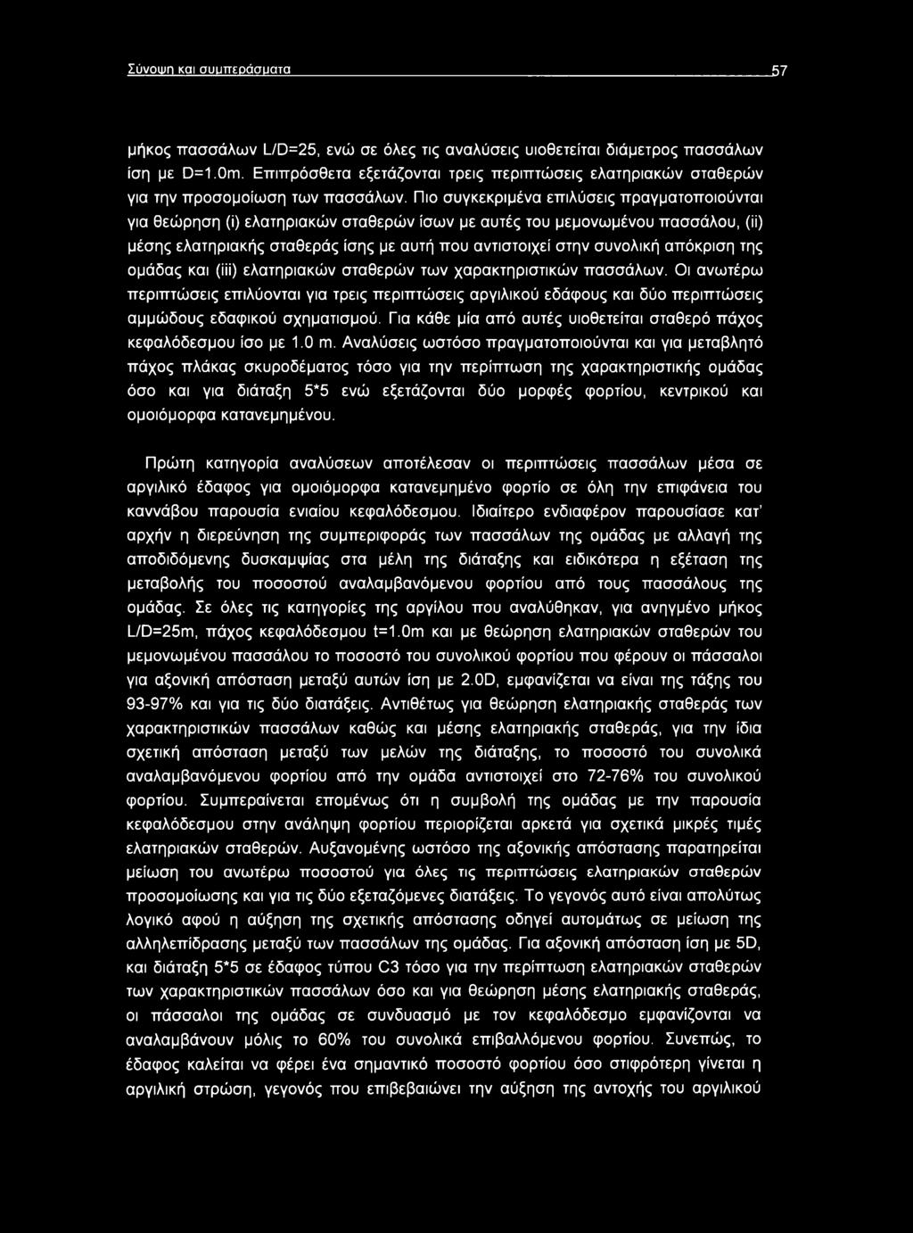 Πιο συγκεκριμένα επιλύσεις πραγματοποιούνται για θεώρηση (ί) ελατηριακών σταθερών ίσων με αυτές του μεμονωμένου πασσάλου, (Ν) μέσης ελατηριακής σταθερός ίσης με αυτή που αντιστοιχεί στην συνολική