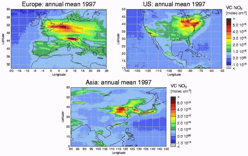 Χάρτες με τη μέση ετήσια συγκέντρωση του ΝΟ 2 για το 1997 από το GOME που