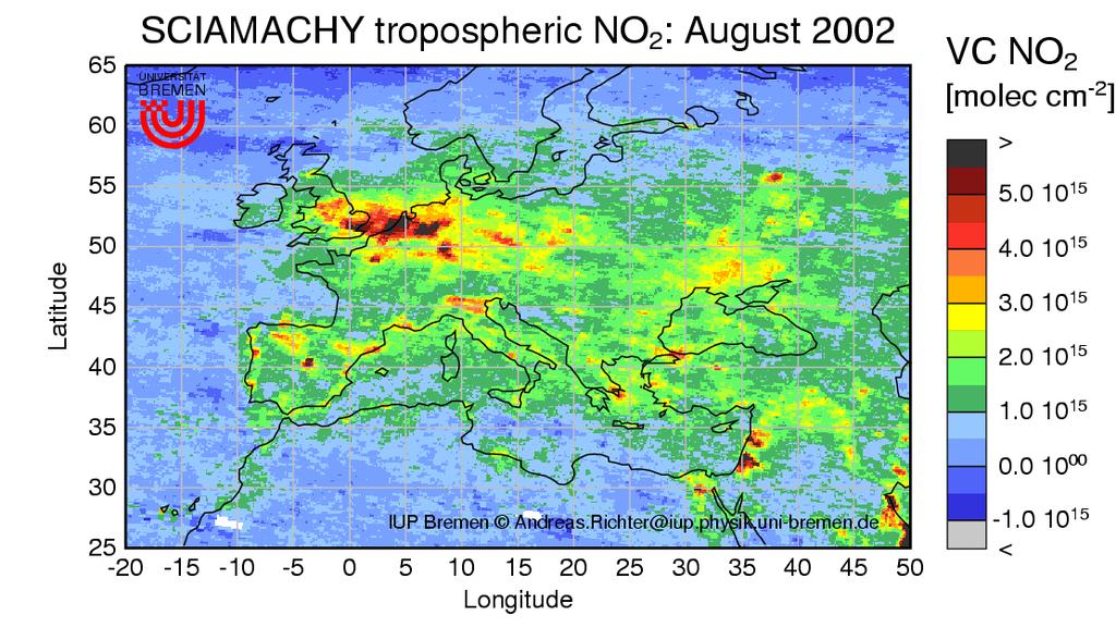 Χάρτης με την κατανομή της ολικής συγκέντρωσης διοξειδίου του αζώτου (NO 2 ) στην