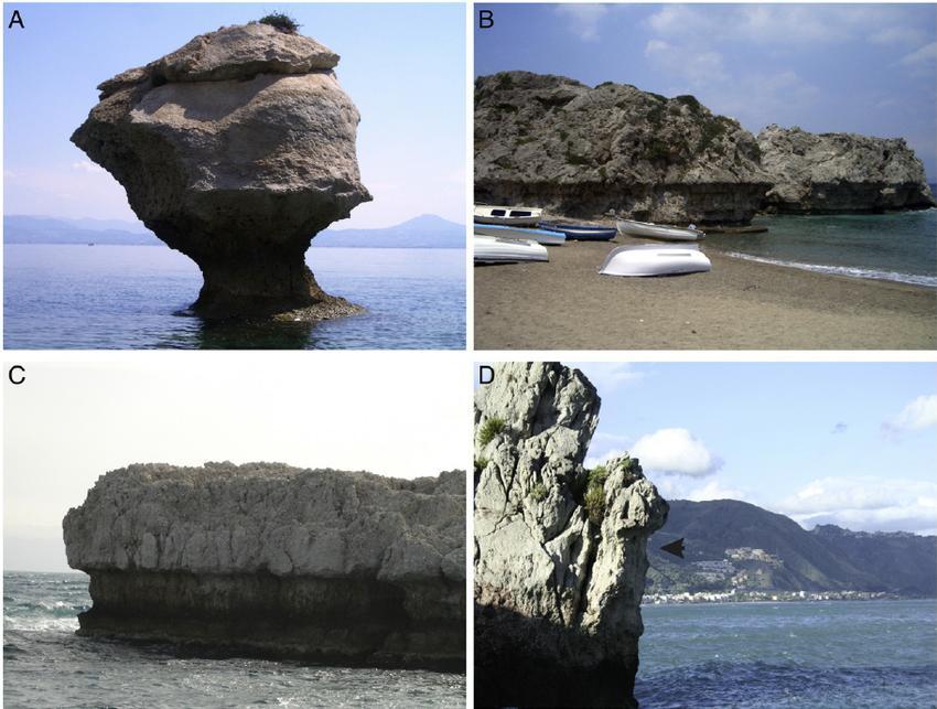 Θαλάσσιες εγκοπές ( marine notches) [Εικόνα 38: Θαλάσσιες εγκοπές στην Ελλάδα και τη Σικελία] Διεργασίες των οποίων η συνδυαστική δράση οδηγεί στη