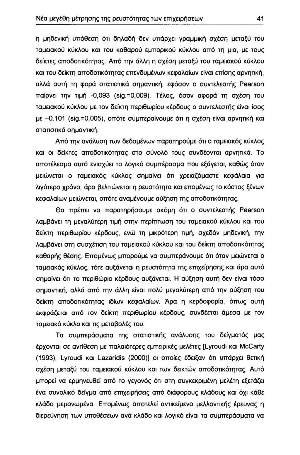 Νέα μεγέθη μέτρησης της ρευστότητας των επιχειρήσεων 4 η μηδενική υπόθεση ότι δηλαδή δεν υπάρχει γραμμική σχέση μεταξύ τυ ταμειακύ κύκλυ και τυ καθαρύ εμπρικύ κύκλυ από τη μια, με τυς δείκτες