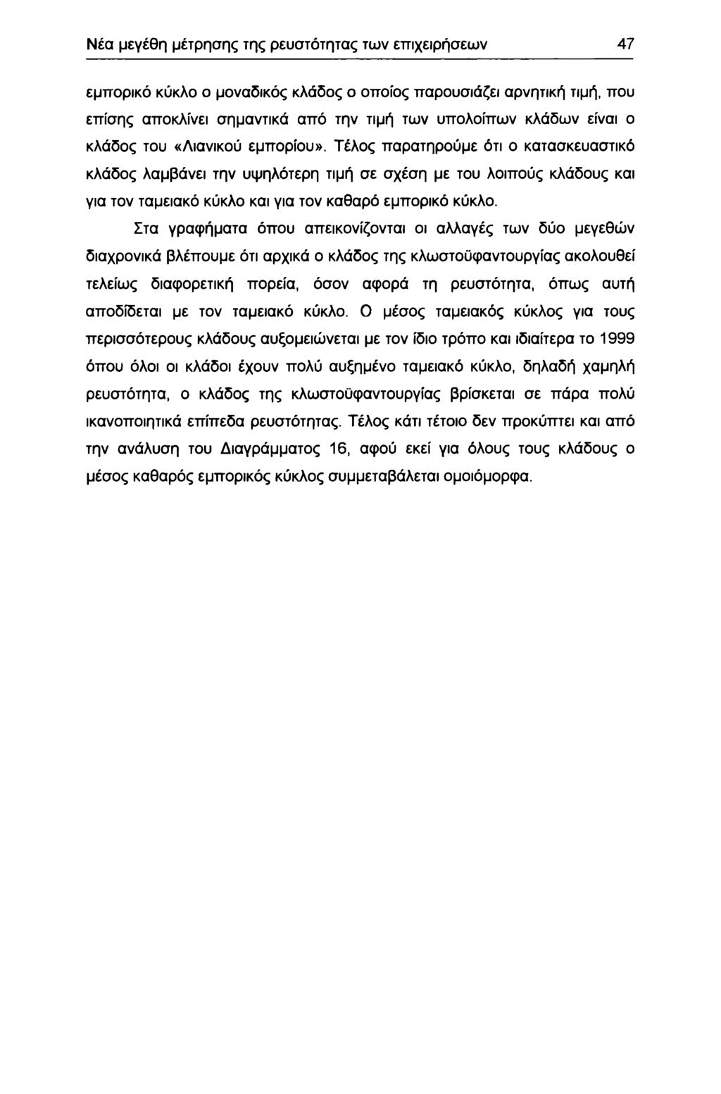 Νέα μεγέθη μέτρησης της ρευστότητας των επιχειρήσεων 47 εμπρικό κύκλ μναδικός κλάδς πίς παρυσιάζει αρνητική τιμή, πυ επίσης απκλίνει σημαντικά από την τιμή των υπλίπων κλάδων είναι κλάδς τυ «Λιανικύ