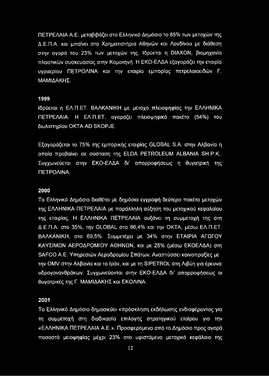 Η ΕΛ.Π.ΕΤ. αγοράζει πλειοψηφικό πακέτο (54%) του διυλιστηρίου ΟΚΤΑ AD SKOPJE. Εξαγοράζεται το 75% της εμπορικής εταιρίας GLOBAL S.A. στην Αλβανία η οποία προβαίνει σε σύσταση της ELDA PETROLEUM ALBANIA SH.