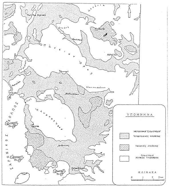 Εικόνα 7 Χάρτης μεταλπικών ιζημάτων στην περιοχή της ΝΑ Αττικής (Μαρίνος, 1956) Η πρώτη σειρά είναι υφάλμυρης φάσης ενώ η δεύτερη αντιπροσωπεύει παλαιοπεριβάλλον χερσαίο.