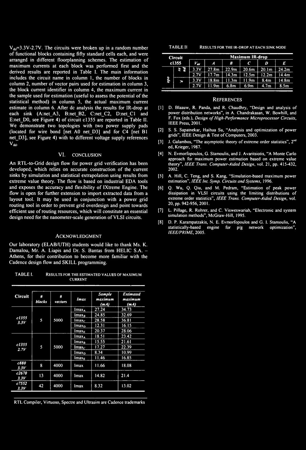 The main information includes the circuit name in column 1, the number of blocks in column 2, number of vector pairs used for estimation in column 3, the block current identifier in column 4, the