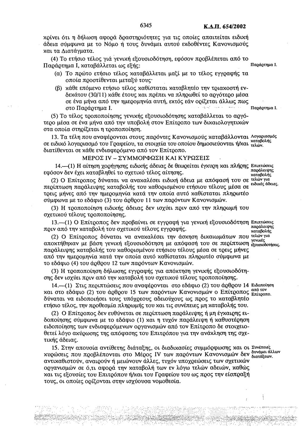 6345 Κ.Δ.Π. 654/2002 κρίνει ότι η δήλωση αφορά δραστηριότητες για τις οποίες απαιτείται ειδική άδεια σύμφωνα με το Νόμο ή τους δυνάμει αυτού εκδοθέντες Κανονισμούς και τα Διατάγματα.