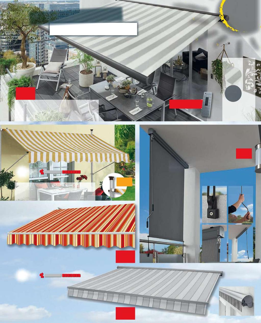 Ochrana proti slnku na vašom balkóne dostupné v troch farbách 3,5 x 3 m 5 x 3 m Dizajnová markíza biely rám konštrukcie, materiál: polyester 280 g/ m 2, s vo-pudivým efektom, vrátane adaptéru pre