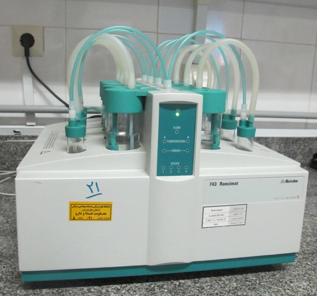 دستگاه رنسیمت Rancimat برای اندازه گیری مقاومت حرارتی نمونه ها از دستگاه رنسیمت Rancimat در دمای 116 درجه سانتیگراد و مقدار 2/3 گرم نمونه استفاده می شود.
