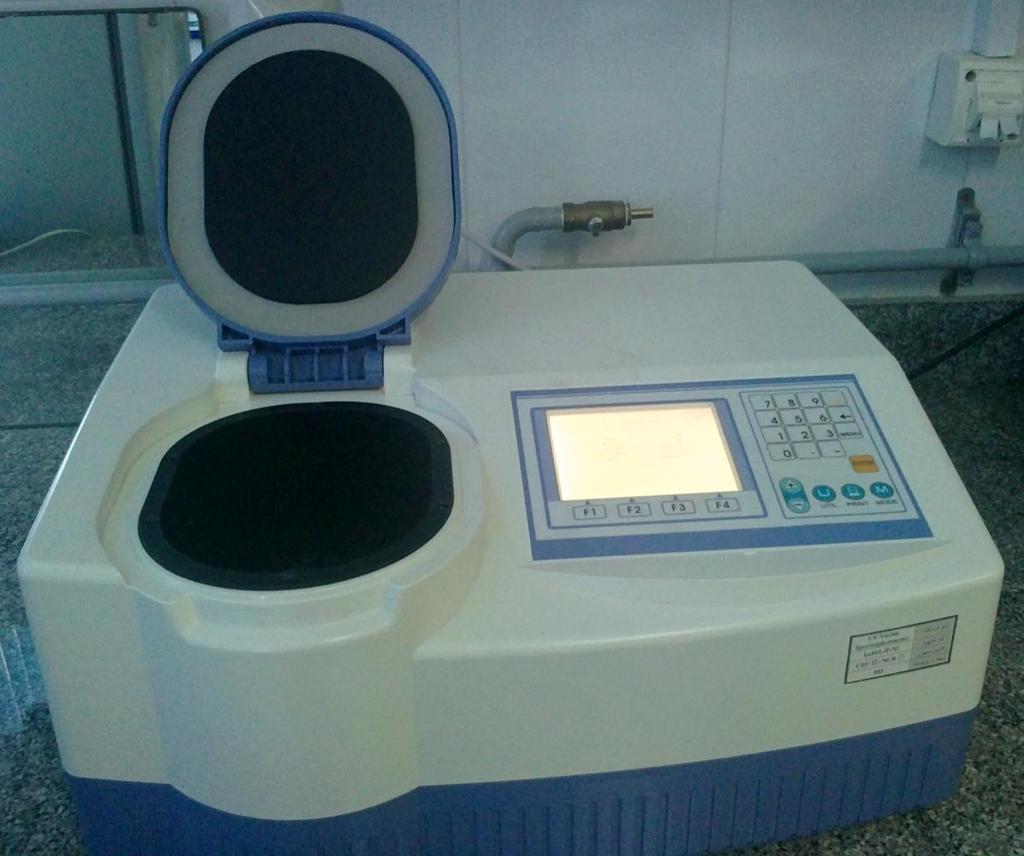 مشخصات دستگاه اسپکتروفتومترمرئی و فرابنفش در آزمایشگاه : Model: Optizen 2120 UV plus, Company: Mecasys Co., Ltd.