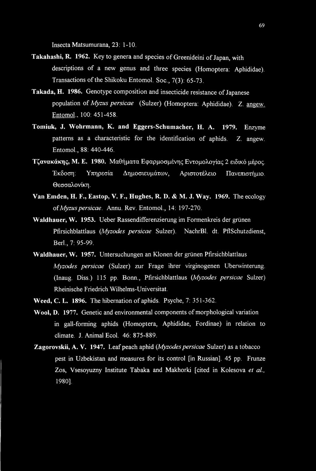 angew, Entomol.. 100: 451-458. Tomiuk, J. Wohrmann, K. and Eggers-Schumacher, H. A. 1979. Enzyme patterns as a characteristic for the identification of aphids. Z. angew. Entomol., 88: 440-446.