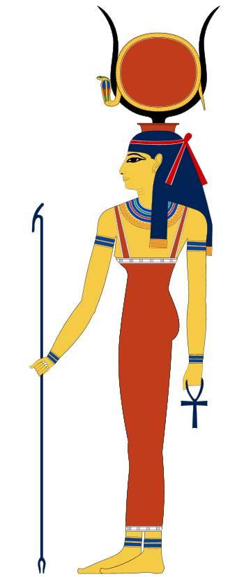 Αυτή, κόρη του θεού Ρα, σύζυγος του θεού Ώρου και τροφός του ηλίου και του βασιλιά, απεικονίζεται να φέρει τον ηλιακό δίσκο στο κεφάλι της ανάμεσα σε δύο βοδινά κέρατα.