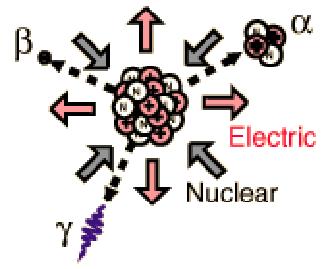 Εκπομπή ακτινοβολίας σε μορφή: άλφα (α): σωματιδιακή ακτινοβολία βήτα (β): σωματιδιακή ακτινοβολία γάμμα (γ): μη-σωματιδιακή ακτινοβολία Και άλλες.