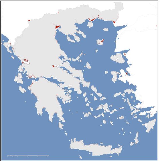 Επιπτώσεις στις παράκτιες περιοχές - Ελλάδα Χάρτης απεικόνισης των παράκτιων περιοχών που θα κατακλυστούν (κόκκινο χρώμα) από ενδεχόμενη άνοδο της θαλάσσιας στάθμης κατά