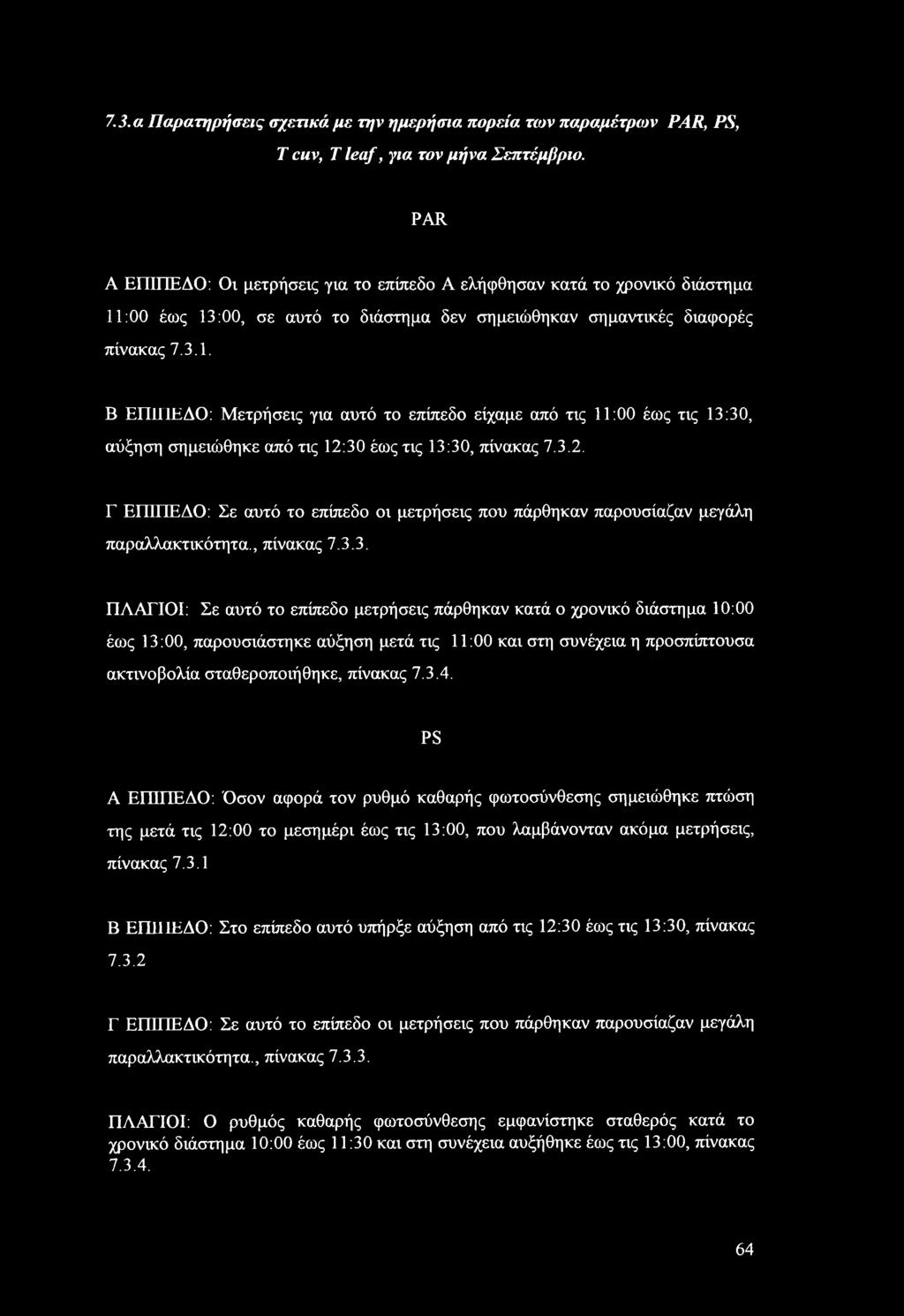 :00 έως 13:00, σε αυτό το διάστημα δεν σημειώθηκαν σημαντικές διαφορές πίνακας 7.3.1. Β ΕΠΙΠΕΔΟ: Μετρήσεις για αυτό το επίπεδο είχαμε από τις 11:00 έως τις 13:30, αύξηση σημειώθηκε από τις 12:30 έως τις 13:30, πίνακας 7.