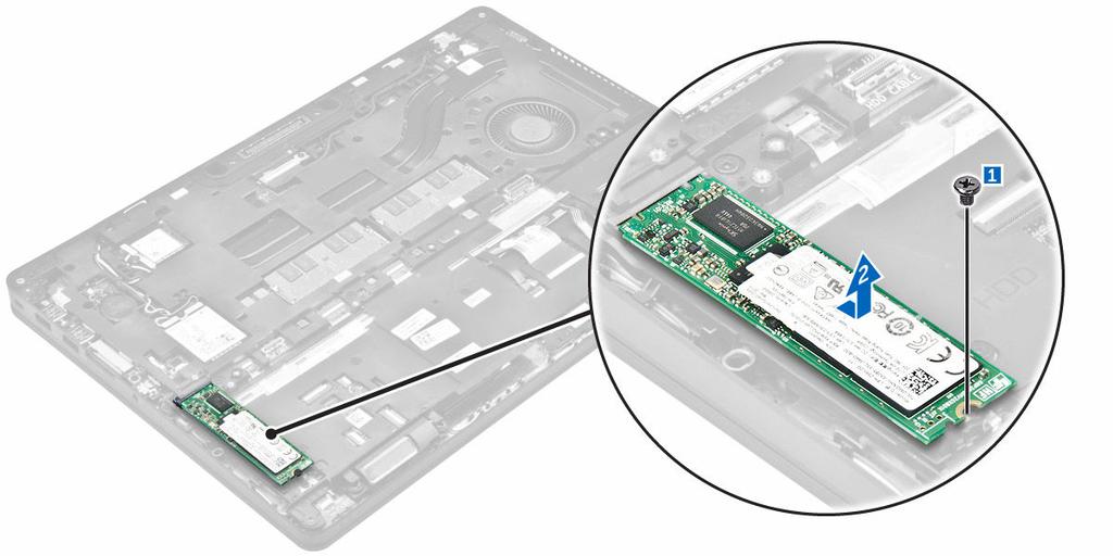 Εγκατάσταση της προαιρετικής PCIe SSD 1. Περάστε τον συνδετήρα της SSD μέσα στην υποδοχή του επάνω στον υπολογιστή. 2. Σφίξτε τη βίδα για να στερεώσετε τον συνδετήρα της SSD στον υπολογιστή. 3.