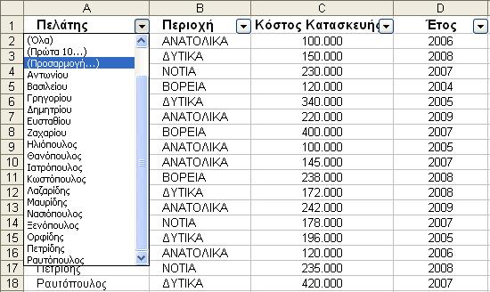 Δίπλα στην κεφαλίδα κάθε πεδίου υπάρχει ένα βελάκι το οποίο εάν πατήσουμε μας