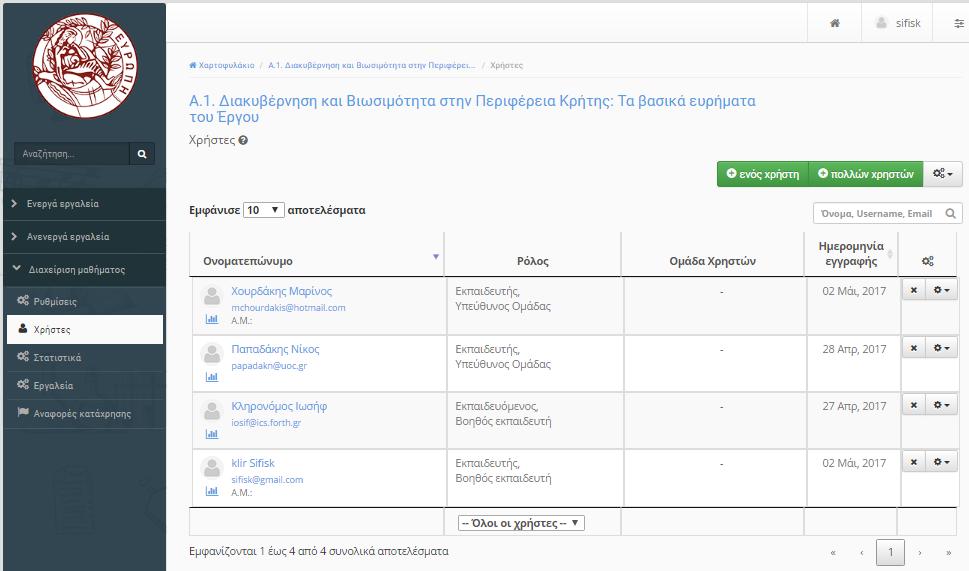 5.5.3. Διαχείριση Χρηστών Το υποσύστημα αυτό σας δίνει τη δυνατότητα να διαχειριστείτε τους χρήστες που είναι εγγεγραμμένοι στο μάθημά σας.