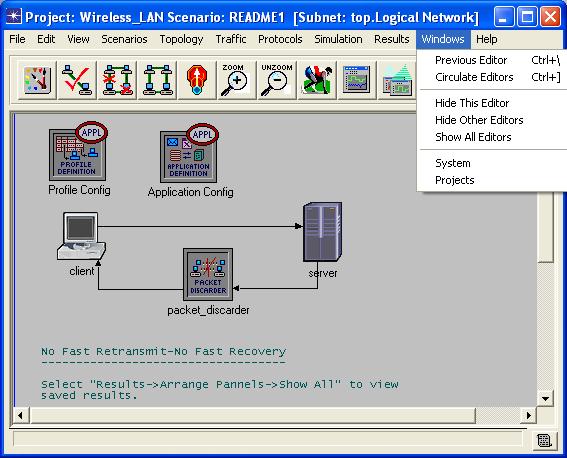 1.4.9 Windows Menu Εικόνα 1-18 Windows Menu Previous Editor: Εμφάνιση άλλων ενεργών παραθύρων του OPNET σαν πρώτων (On top).