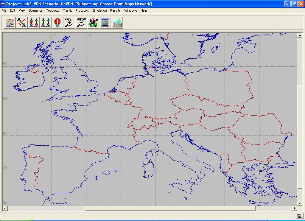 ScenarioName: NoVPN Network Scale: Choose From Maps. Επιλέξτε το χάρτη της Ευρώπης. Πιέστε Next αρκετές φορές μέχρι να τελειώσει το Startup Wizard. O Project Editor θα προωθηθεί σε ένα κενό πλέγμα.