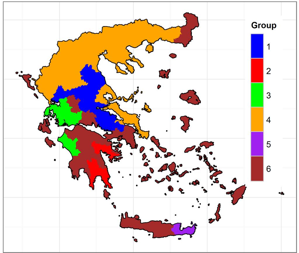Κατηγοριοποίηση της Ελλάδας βάσει μεταβλητών Ζήτηση ηλεκτρικής ενέργειας / ΑΕΠ Ζήτηση ηλεκτρικής ενέργειας για γεωργική χρήση / κάτοικο Grouping Analysis με Delaunay triangulation σε έξι
