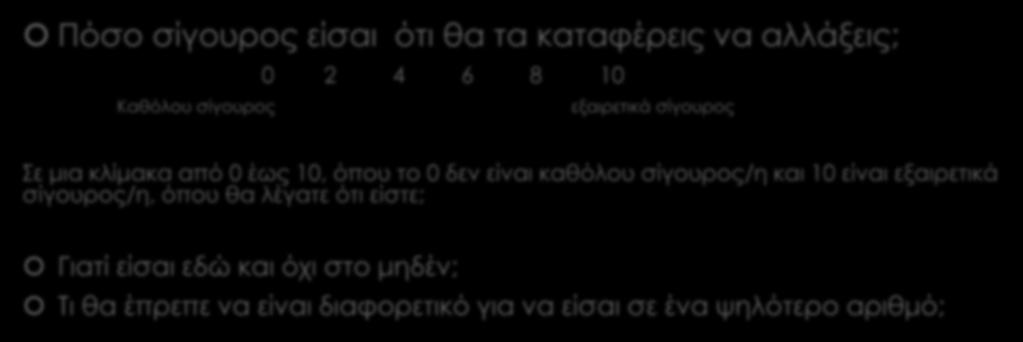 Δείχτης αυτοπεποίθησης Πόσο σίγουρος είσαι ότι θα τα καταφέρεις να αλλάξεις; 0 2 4 6 8 10 Καθόλου σίγουρος εξαιρετικά σίγουρος Σε μια κλίμακα από 0 έως 10, όπου το 0 δεν είναι