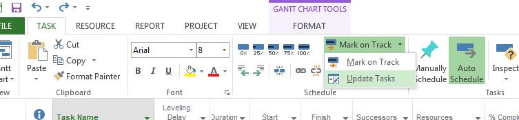 Ή ακολουθώντας την διαδρομή Task -> Mark on Track- > Update Tasks 4.2.