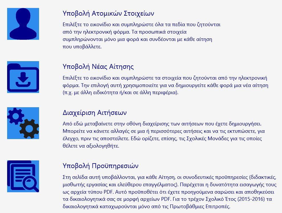4 3. Σελίδα Εργασιών Υποψήφιου Εκπαιδευτικού Σχήμα 5 Προσοχή! Από τα παραπάνω εικονίδια-πλήκτρα οι υποψήφιοι Εκπαιδευτικοί Συμπληρώνουν: 1.