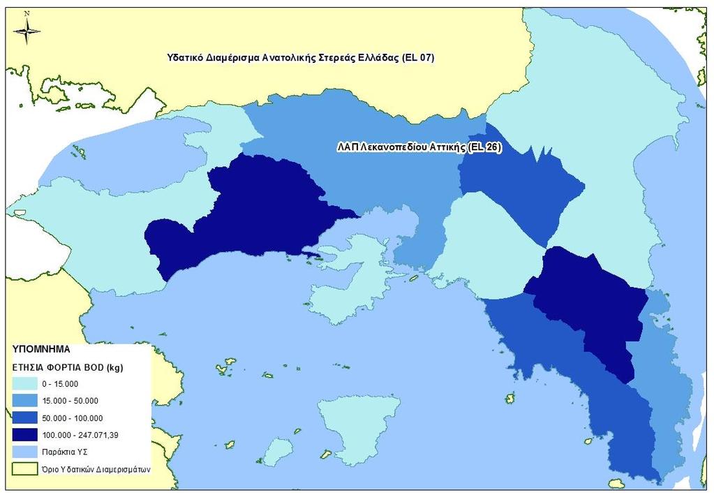 Χάρτης 14: Ετήσιο συνολικό φορτίο BOD από σημειακές πηγές ρύπανσης για κάθε ΥΣ στη ΛΑΠ Λεκανοπεδίου Αττικής (EL26)