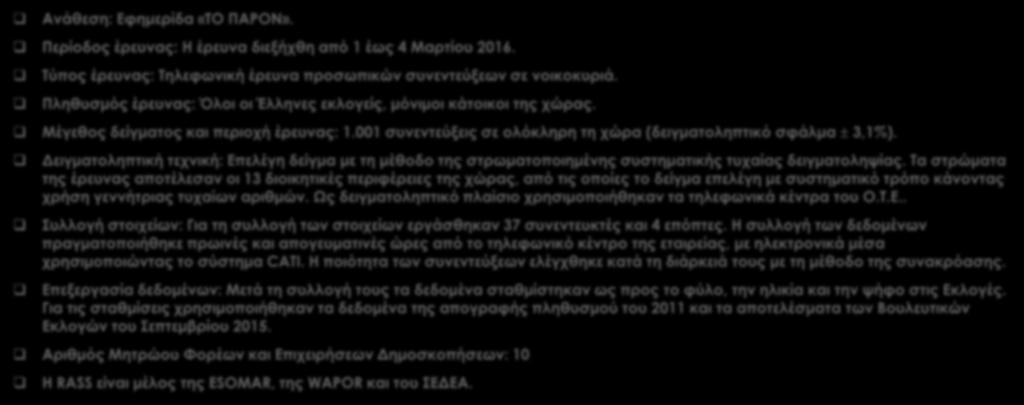 Ταυτότητα της έρευνας Ανάθεση: Εφημερίδα «ΤΟ ΠΑΡΟΝ». Περίοδος έρευνας: Η έρευνα διεξήχθη από 1 έως 4 Μαρτίου 2016. Τύπος έρευνας: Τηλεφωνική έρευνα προσωπικών συνεντεύξεων σε νοικοκυριά.