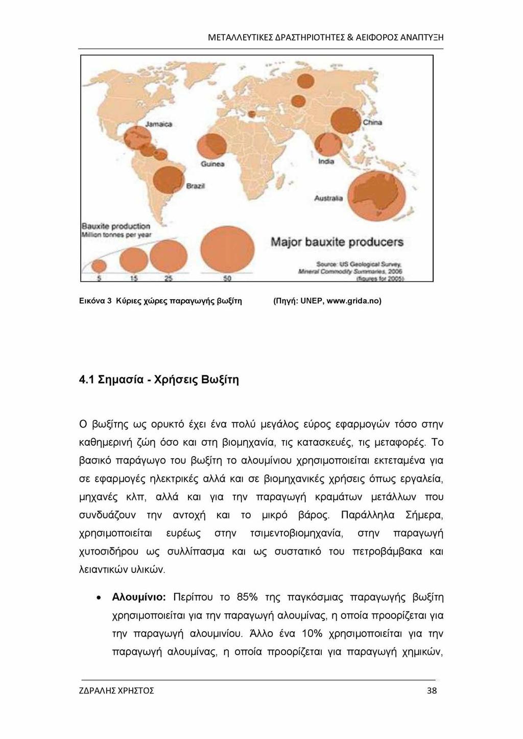 ο U -C2 Ι Ό.1 m AuWi.UJ Bauxite p»-o«;>cion tmvoo tom * p # year Major bauxite producers UnarK C» w «d ^ Su itn m ai 2006 ' :. - :: Εικόνα 3 Κύριες χώρες παραγωγής βωξίτη (Πηγή: UNEP, www.grida.no) 4.