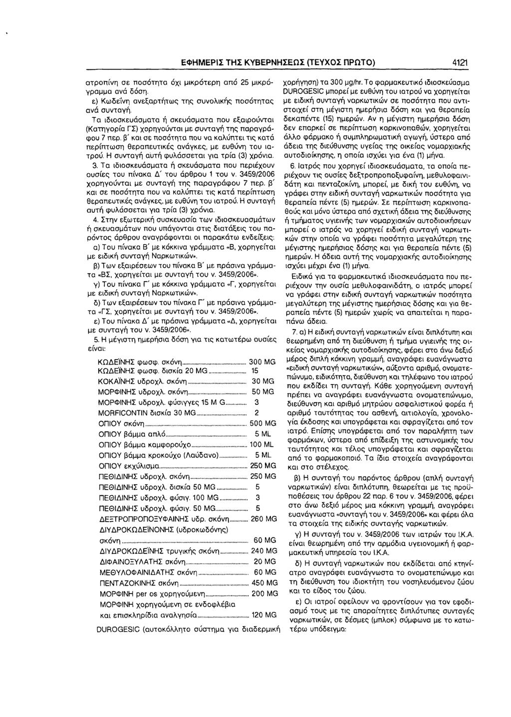 ΕΦΗΜΕΡΙΣ ΤΗΣ ΚΥΒΕΡΝΗΣΕΩΣ (ΤΕΥΧΟΣ ΠΡΩΤΟ) 4121 ατροπίνη σε ποσότητα όχι μικρότερη από 25 μικρόγραμμα ανά δόση. ε) Κωδείνη ανεξαρτήτω ς τη ς συνολικής ποσότητας ανά συνταγή.