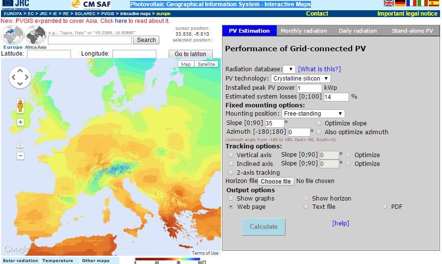 Το εργαλείο Κοινό Ερευνητικό Συμβούλιο PVGIS της ΕΕ (δείτε την παρακάτω εικόνα) (http://re.jrc.ec.europa.eu/pvgis/apps4/pvest.