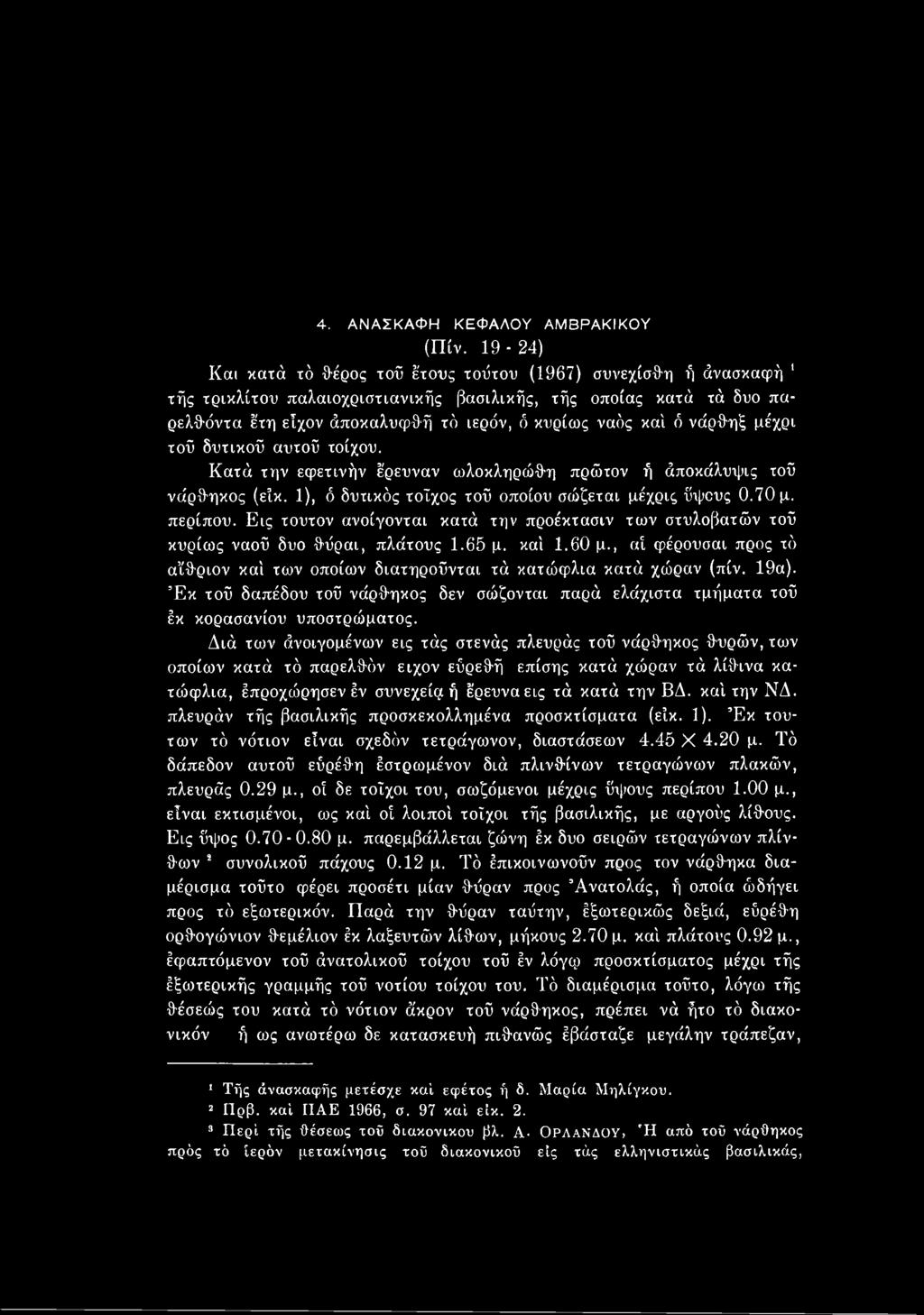 19α). Έκ τοΰ δαπέδου τοΰ νάρθηκος δεν σώζονται παρά ελάχιστα τμήματα τοΰ έκ κορασανίου υποστρώματος.