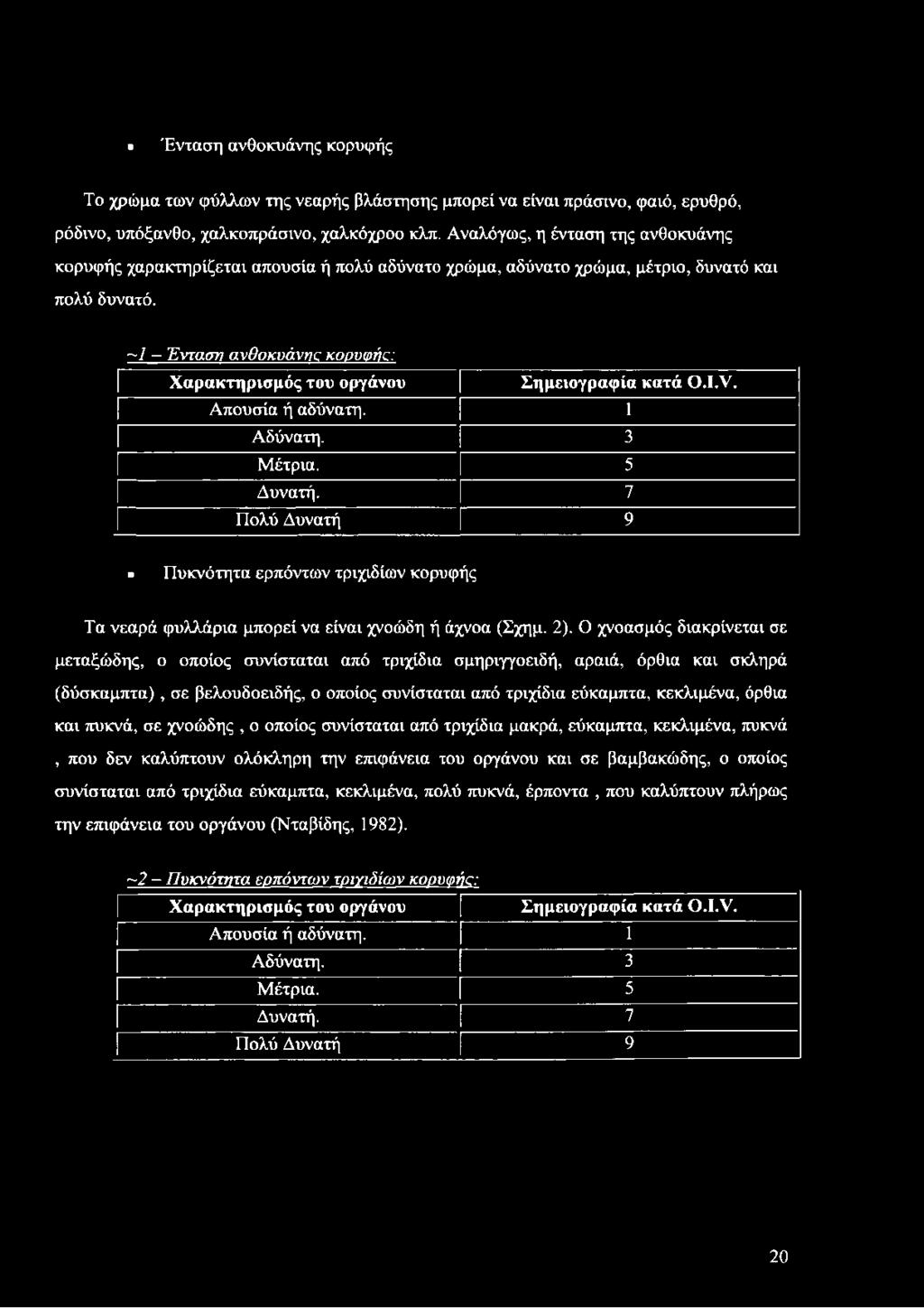 ~7 - Ένταση ανθοκυάνης κορυφής: Χαρακτηρισμός του οργάνου Σημειογραφία κατά Ο.Ι.ν. Απουσία ή αδύνατη. 1 Αδύνατη. 3 Μέτρια. 5 Δυνατή.