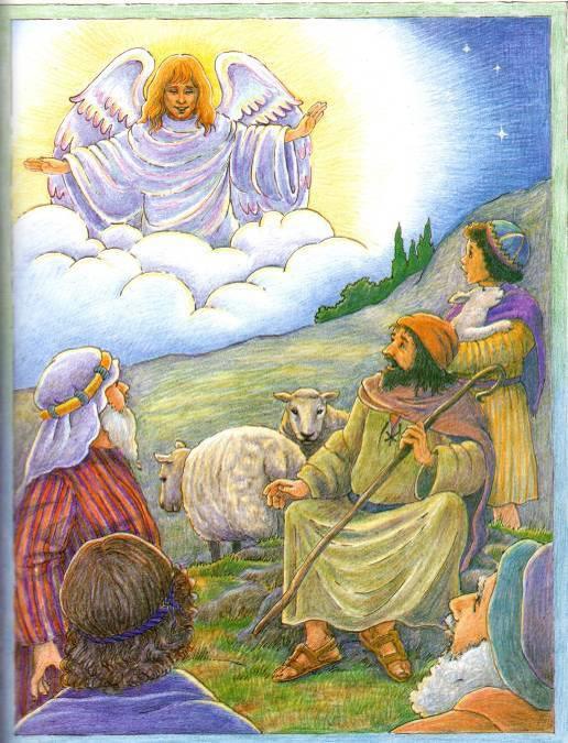 Στο λόφο πάνω απ' την πόλη μερικοί βοσκοί πρόσεχαν τα πρόβατά τους. Ξαφνικά, ο ουρανός γέμισε φως και παρουσιάστηκε ένας άγγελος. Οι βοσκοί έπεσαν στη γη τρομοκρατημένοι.