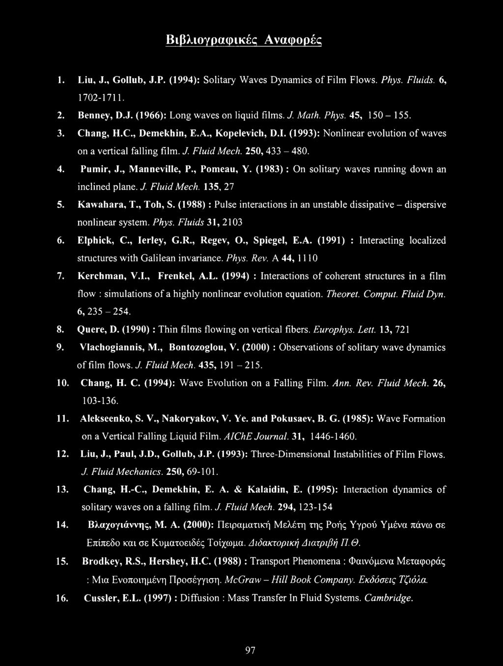(1983): On solitary waves running down an inclined plane. J. Fluid Mech. 135, 27 5. Kawahara, T., Toh, S. (1988) : Pulse interactions in an unstable dissipative - dispersive nonlinear system. Phys.