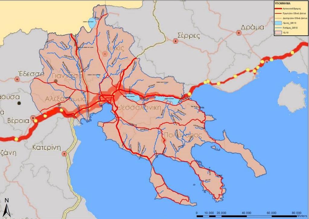 Σχέδιο Διαχείρισης των Λεκανών Απορροής Ποταμών Εικόνα 6-23: Πρωτεύον οδικό δίκτυο, αυτοκινητόδρομοι και επιφανειακά ΥΣ του ΥΔ GR10.