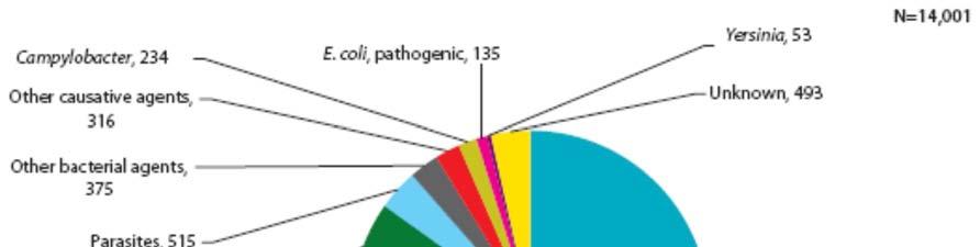 Σελίδα 41 Διάγραμμα 1. Κατανομή του ολικού αριθμού ανθρωπίνων περιπτώσεων ανά αιτιολογικό παράγοντα σε επιβεβαιωμένες εξάρσεις στην ΕΕ, το 2008 (EFSA, 2010).