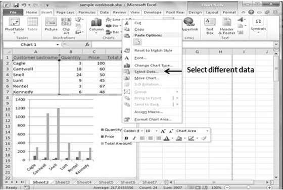 You can select the different data for chart input with Right click on chart» Select data.