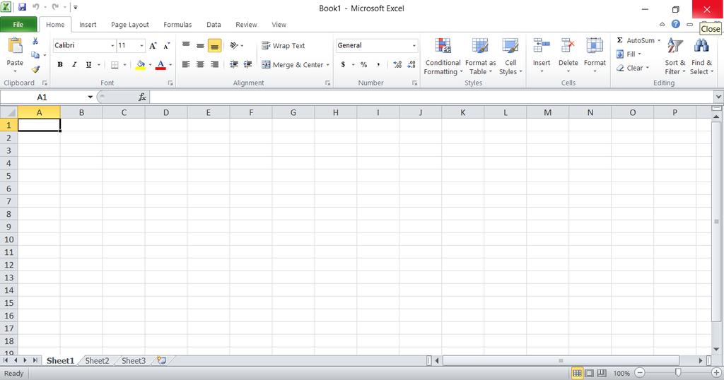 Για να κλείσετε την εφαρμογή Microsoft Excel 2010 κάνετε κλικ στο Χ στην πάνω