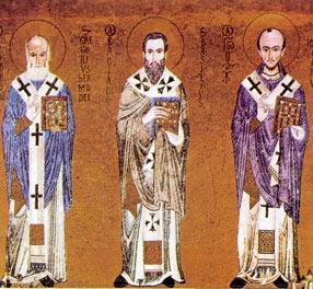 Οι τρεις Ιεράρχες. Γρηγόριος ο Θεολόγος, Βασίλειος ο Μέγας και ο Ιωάννης ο Χρυσόστομος. Μωσαϊκό του 12 ου αι.